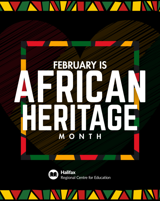 February is African Heritage Month text with a black backround and red yellow and green border