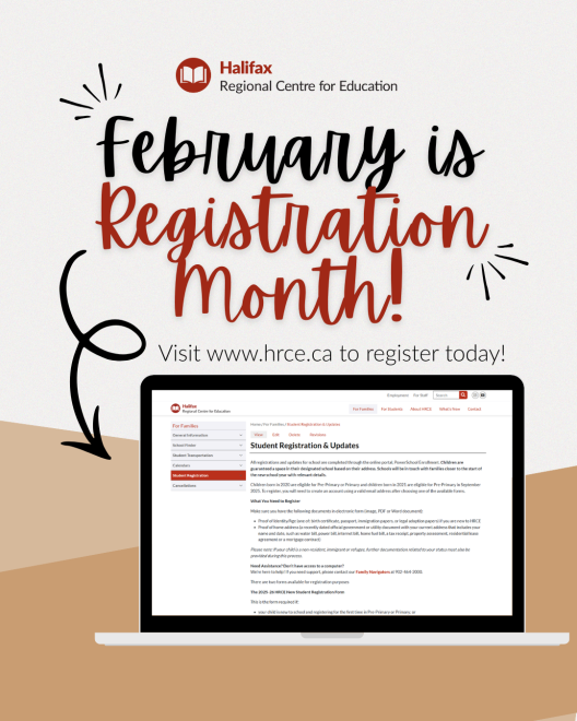 February is Registration Month text in black and red with a computer underneath