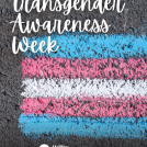 Transgender awarness week in white writing with a blue pink and white flag as the backround