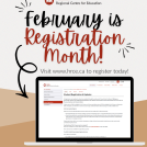 February is Registration Month text in black and red with a computer underneath